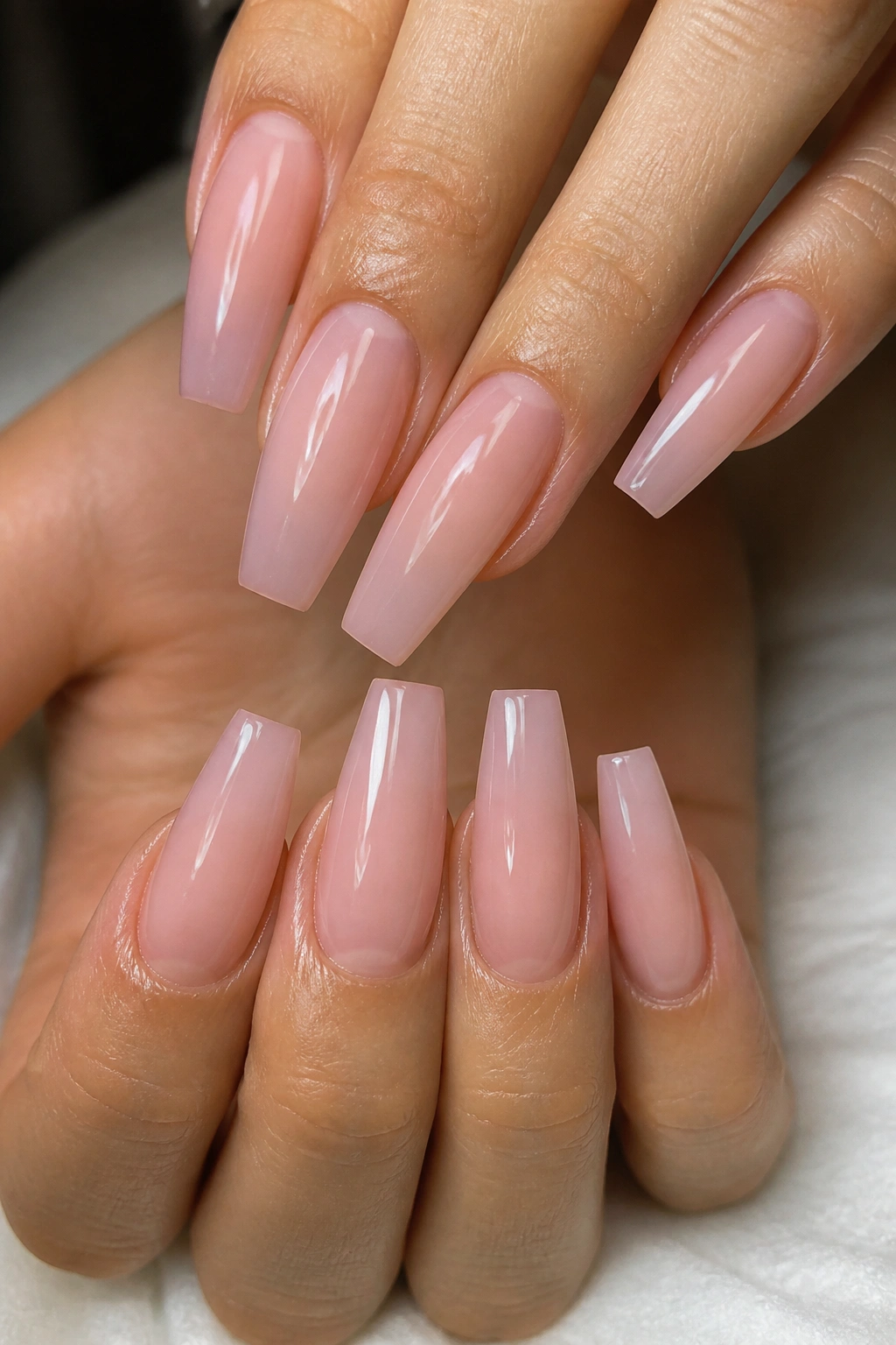 Close-up of real hands with sheer blush coffin nails and glassy shine.