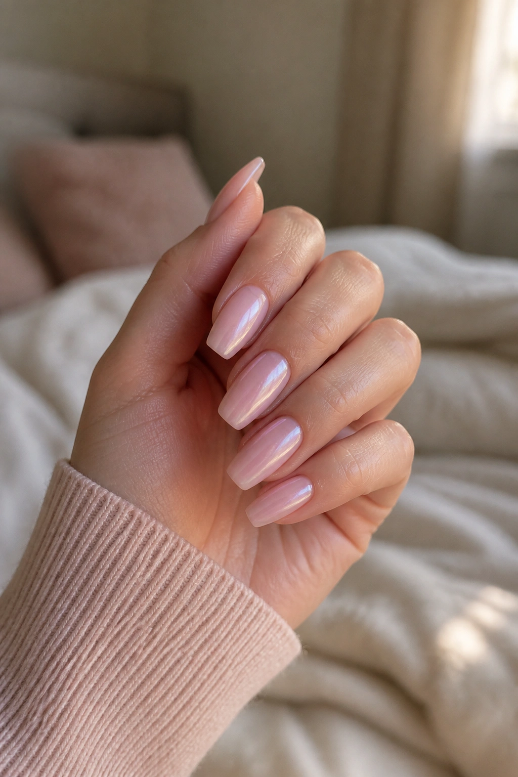 Close-up of sheer blush coffin nails with pearl glaze on a real hand