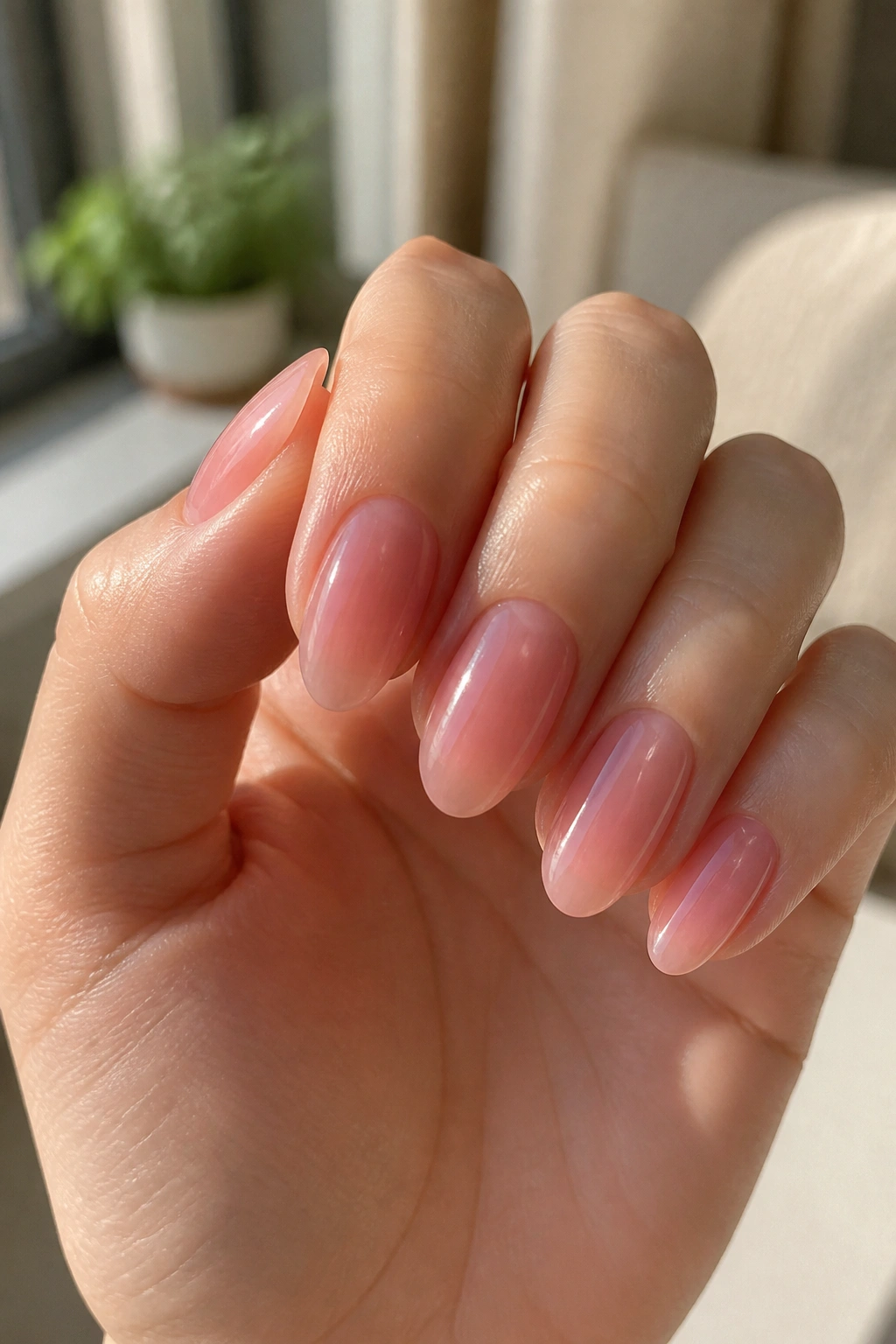 Close-up of sheer jelly rose almond nails on a real hand