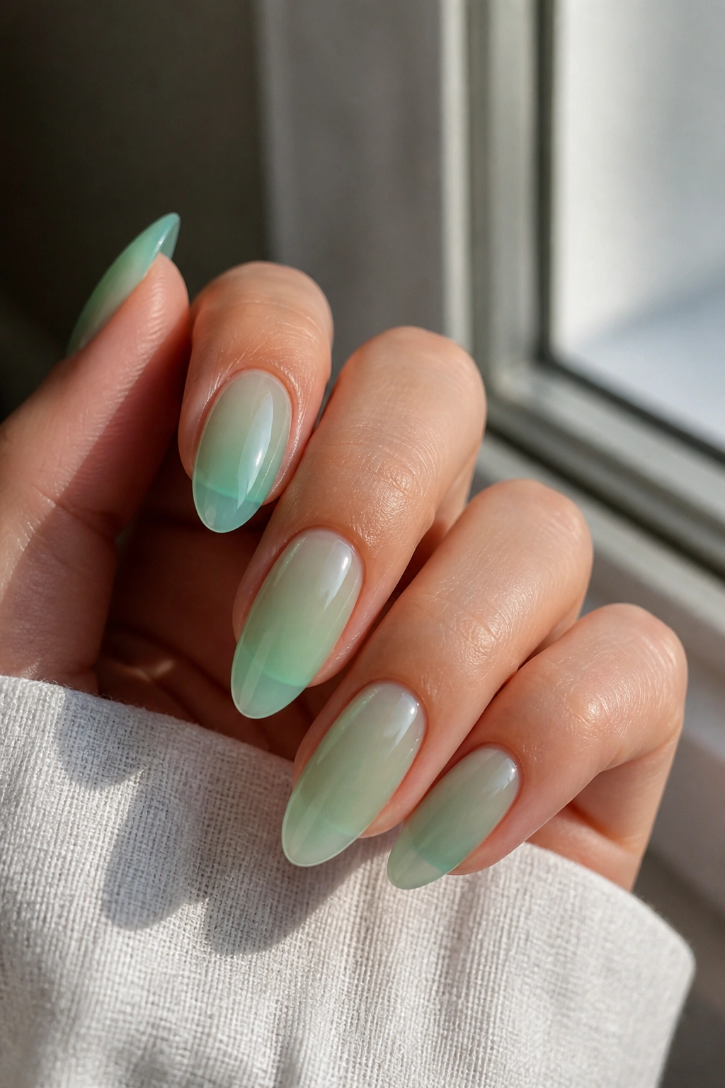 Close-up of sheer mint jelly almond nails on a real hand