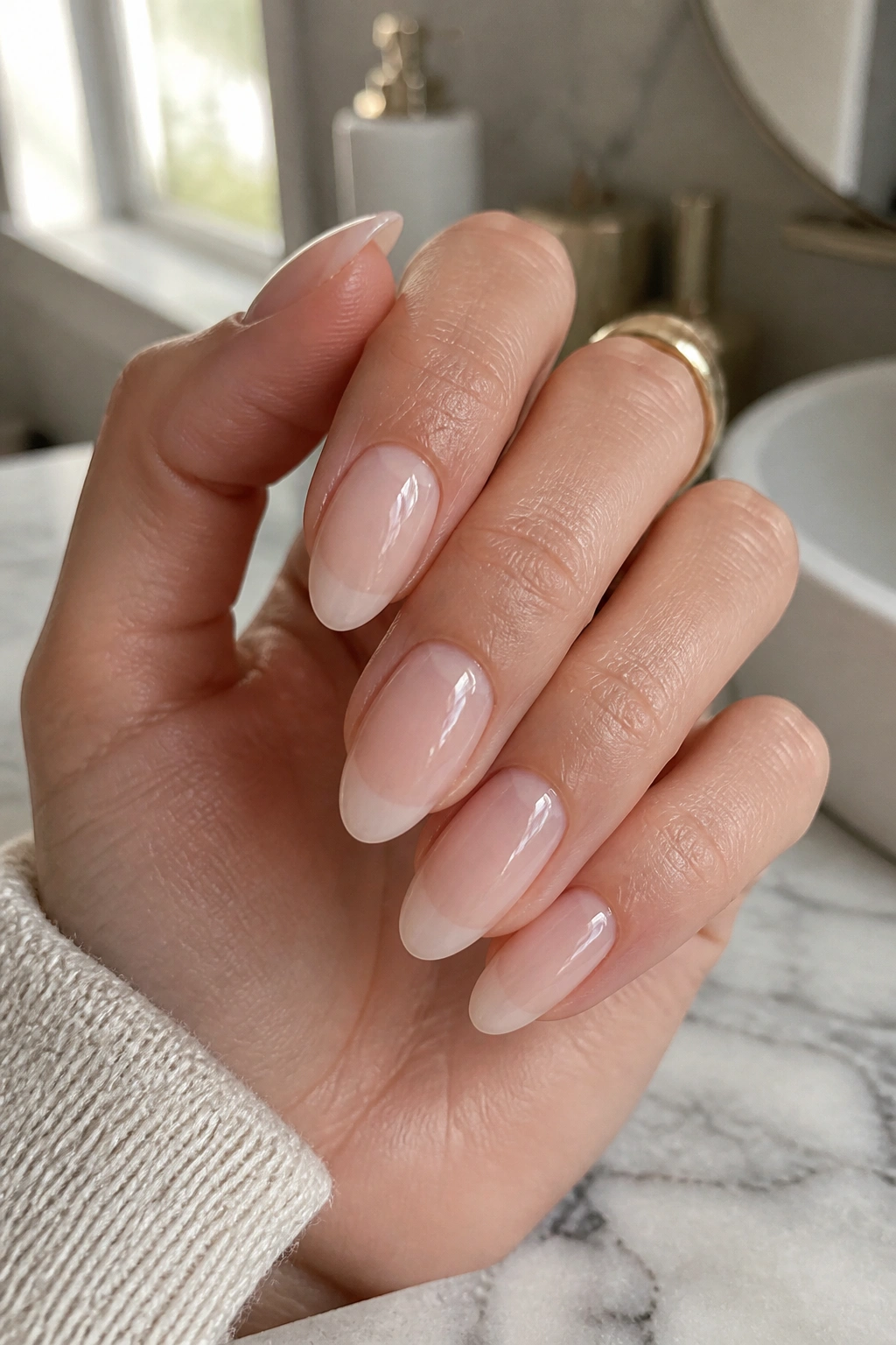 Close-up of a hand showing sheer milky nude almond nails.