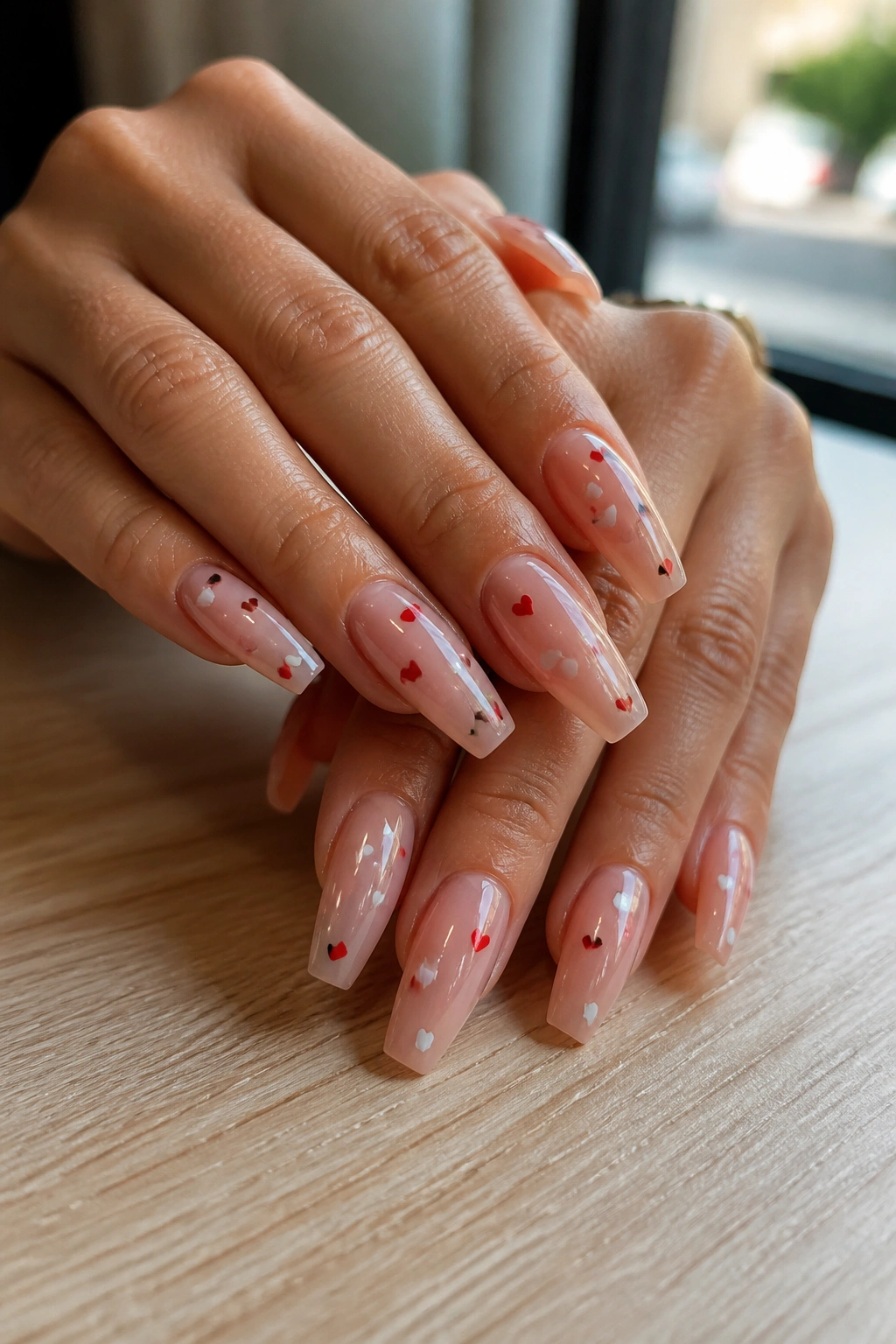 Close-up of sheer nude coffin nails with scattered micro hearts