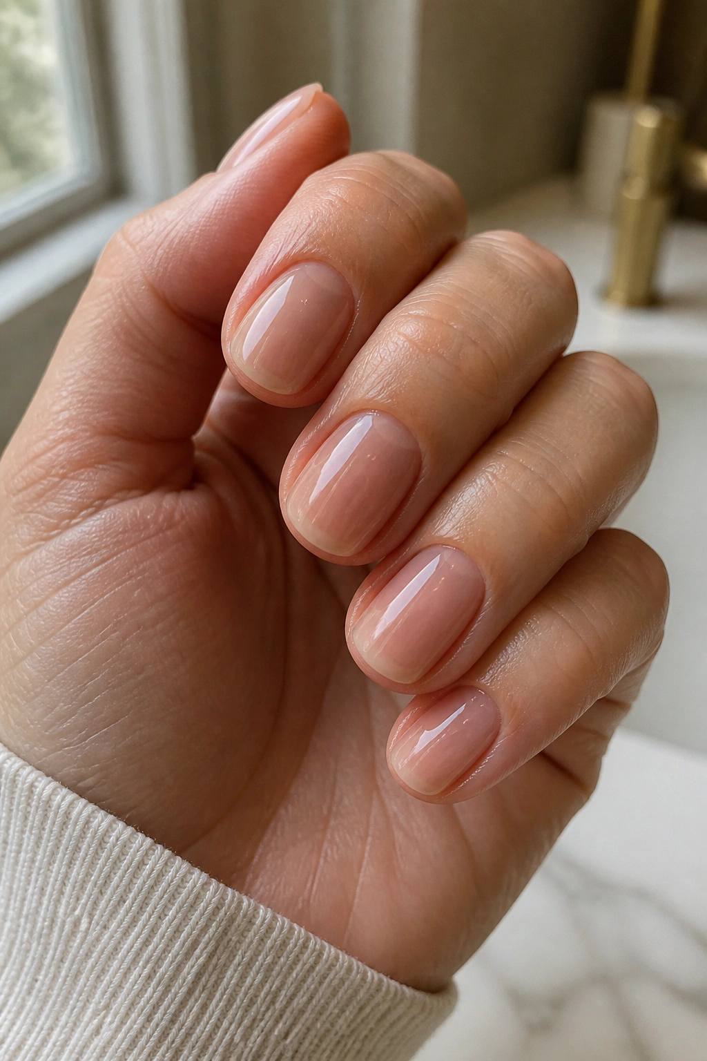 Close-up of hand with sheer nude glass short oval nails glossy finish