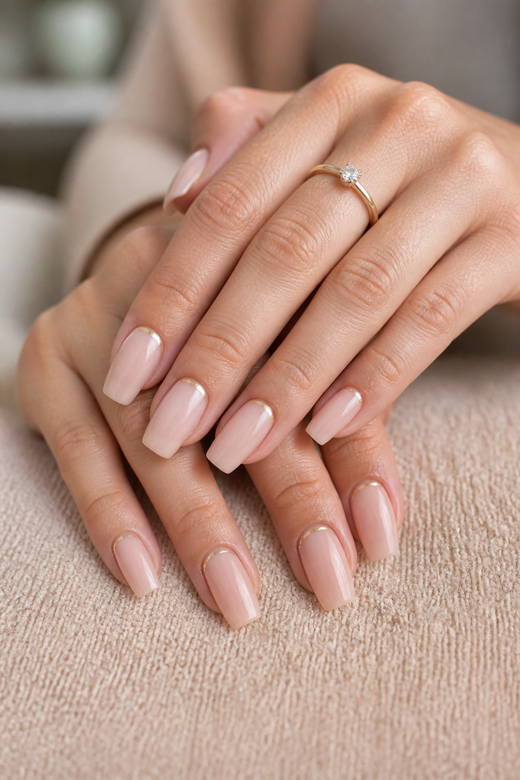 Close-up of hands showing sheer nude coffin nails with a fine champagne gold cuticle line