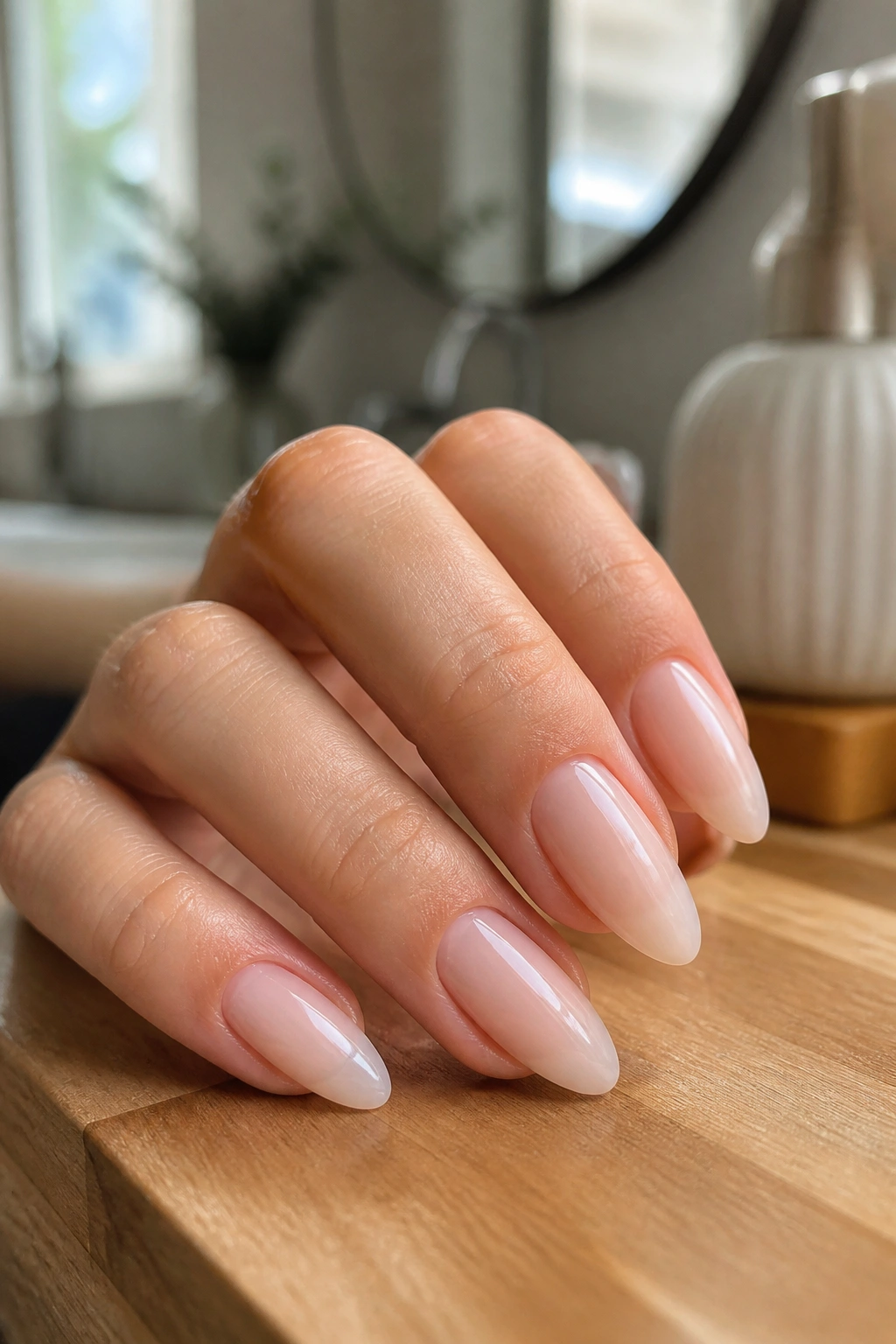 Close-up of a real hand with sheer nude almond nails in glossy finish