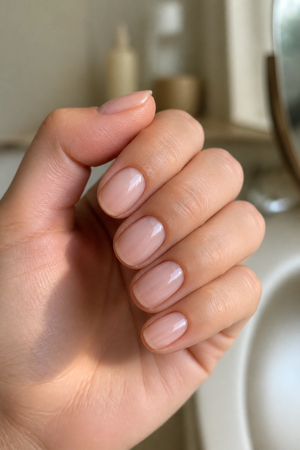 Close-up of a hand with short oval nails in sheer nude polish, natural skin tone and soft lighting