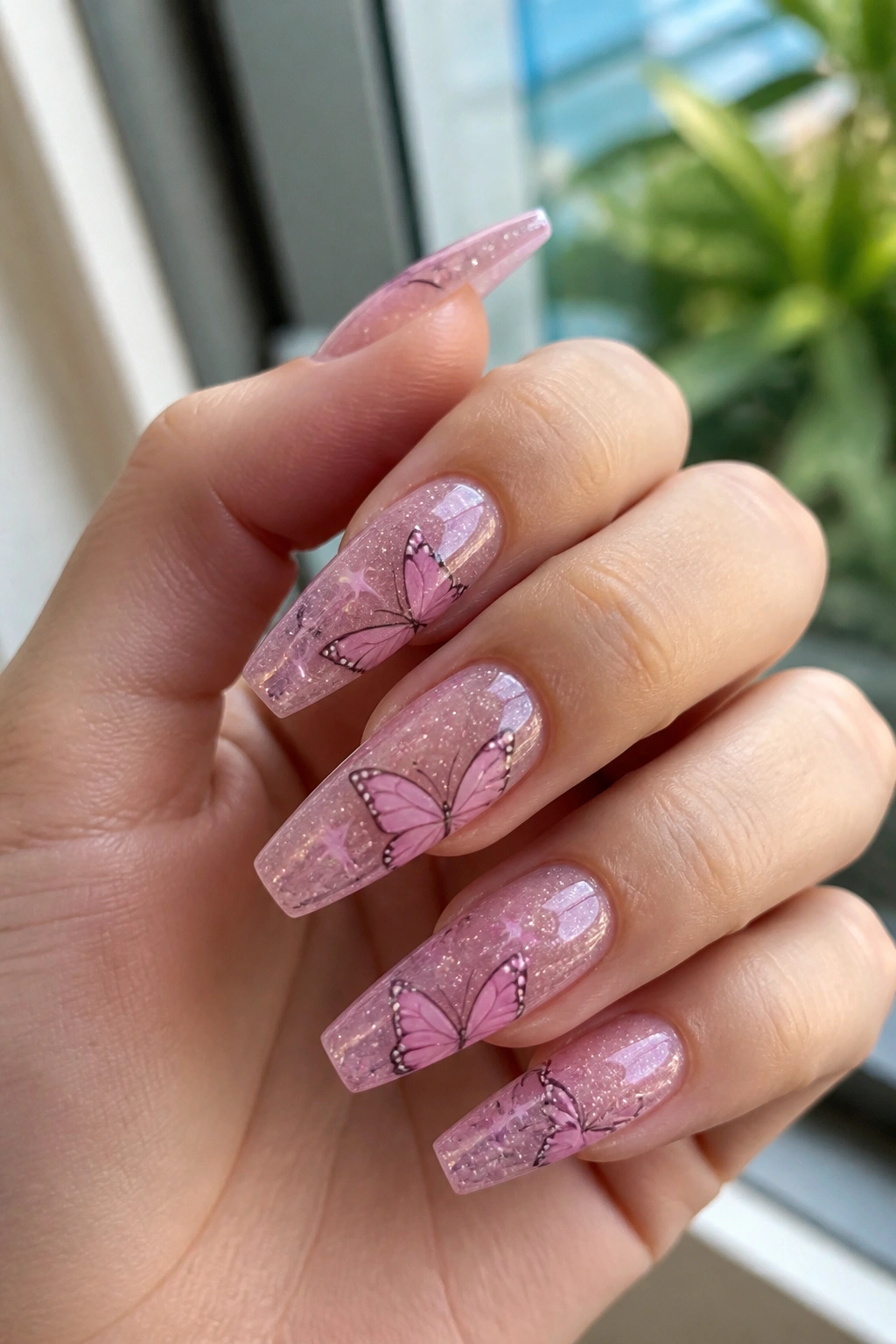 Sheer pink coffin nails with butterfly art and subtle glitter on a real hand