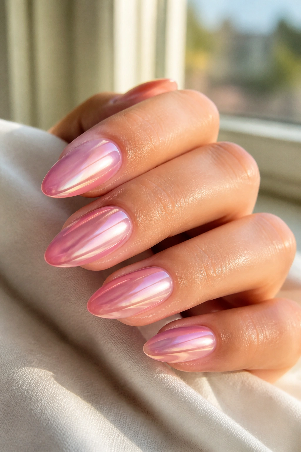 Almond nails with sheer pink jelly chrome under natural light.