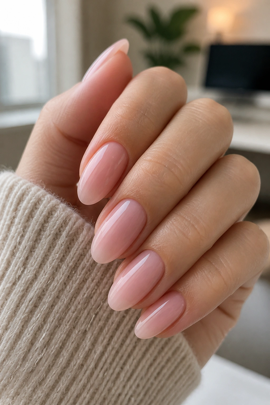 Close-up of a real hand with almond nails in sheer ballet slipper pink