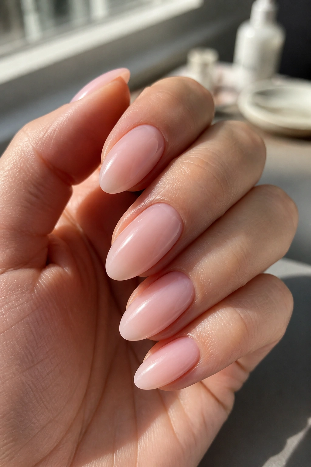 Close-up of a real hand with almond nails in sheer ballet pink and a glossy finish