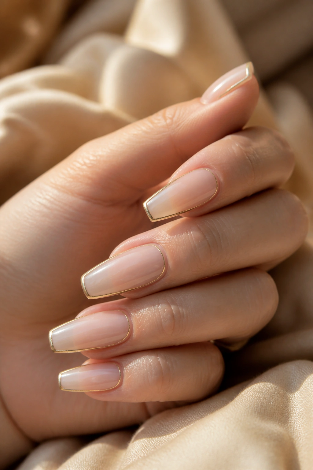 Close-up of sheer pink coffin nails with a thin gold outline