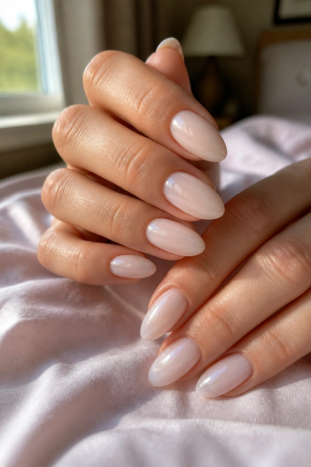 Close-up of hands with sheer white jelly almond nails in soft natural light.