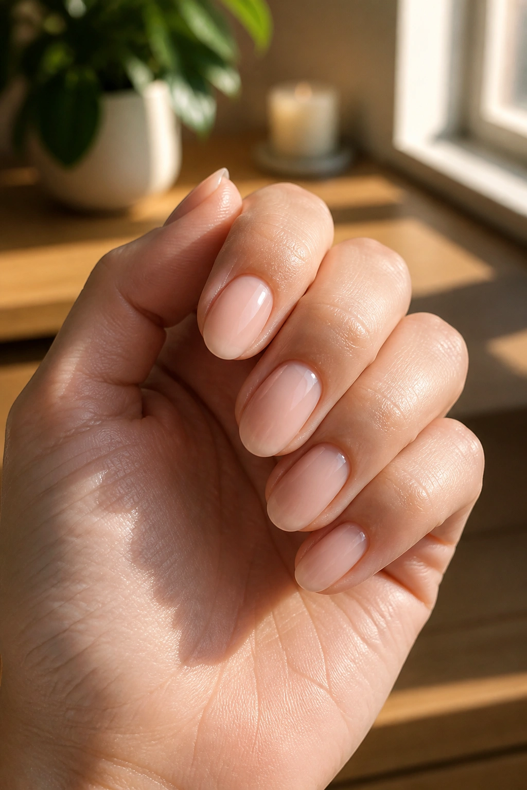 Close-up of a real hand with ultra-short almond gel nails in nude jelly polish, filling the frame