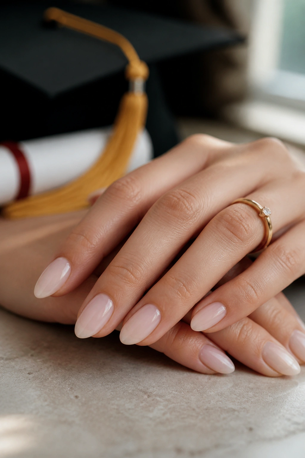 Close-up of real hands with short almond nails in soft neutral polish, graduation-day background