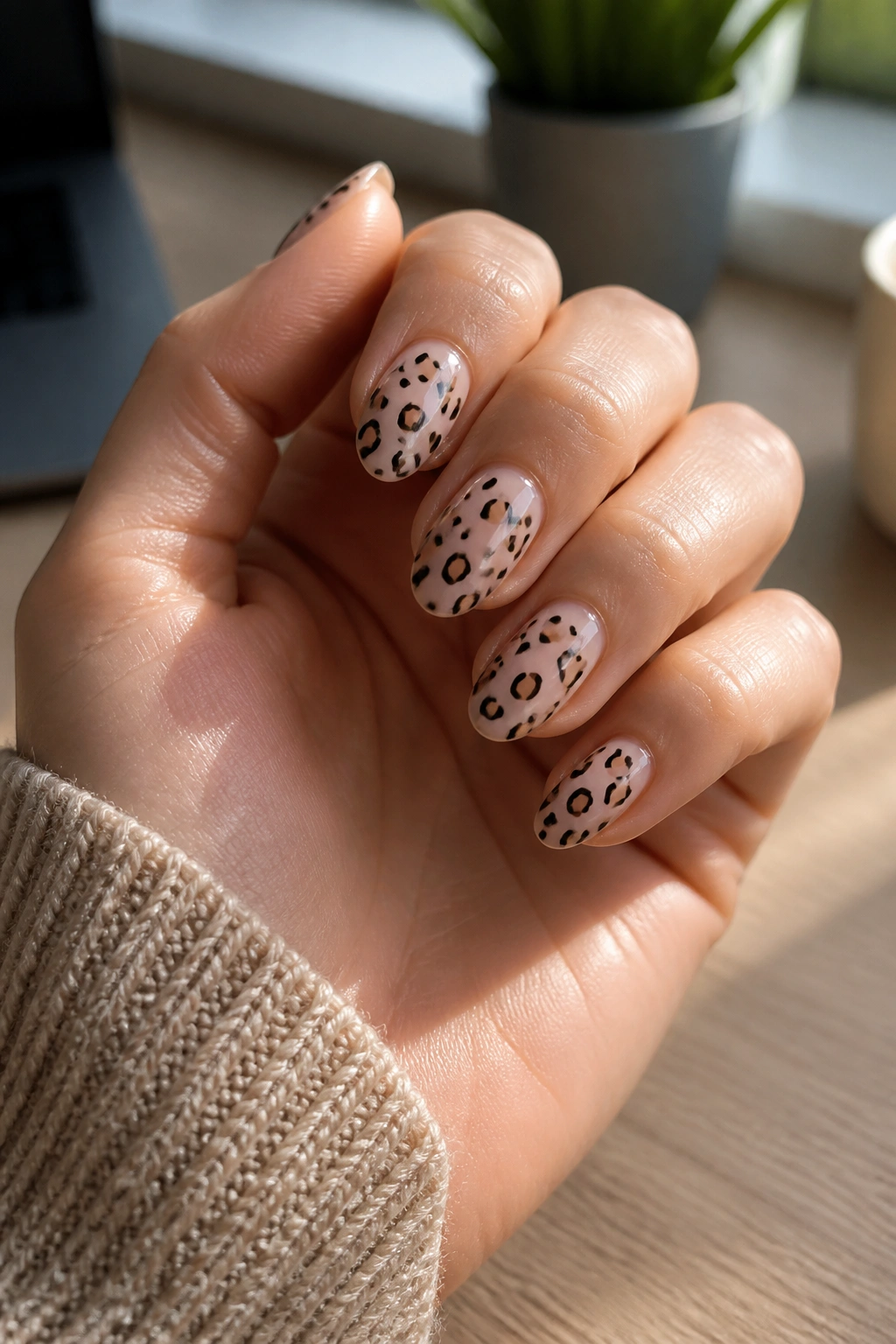 Close-up of a hand with short almond nails showing leopard print on a nude base