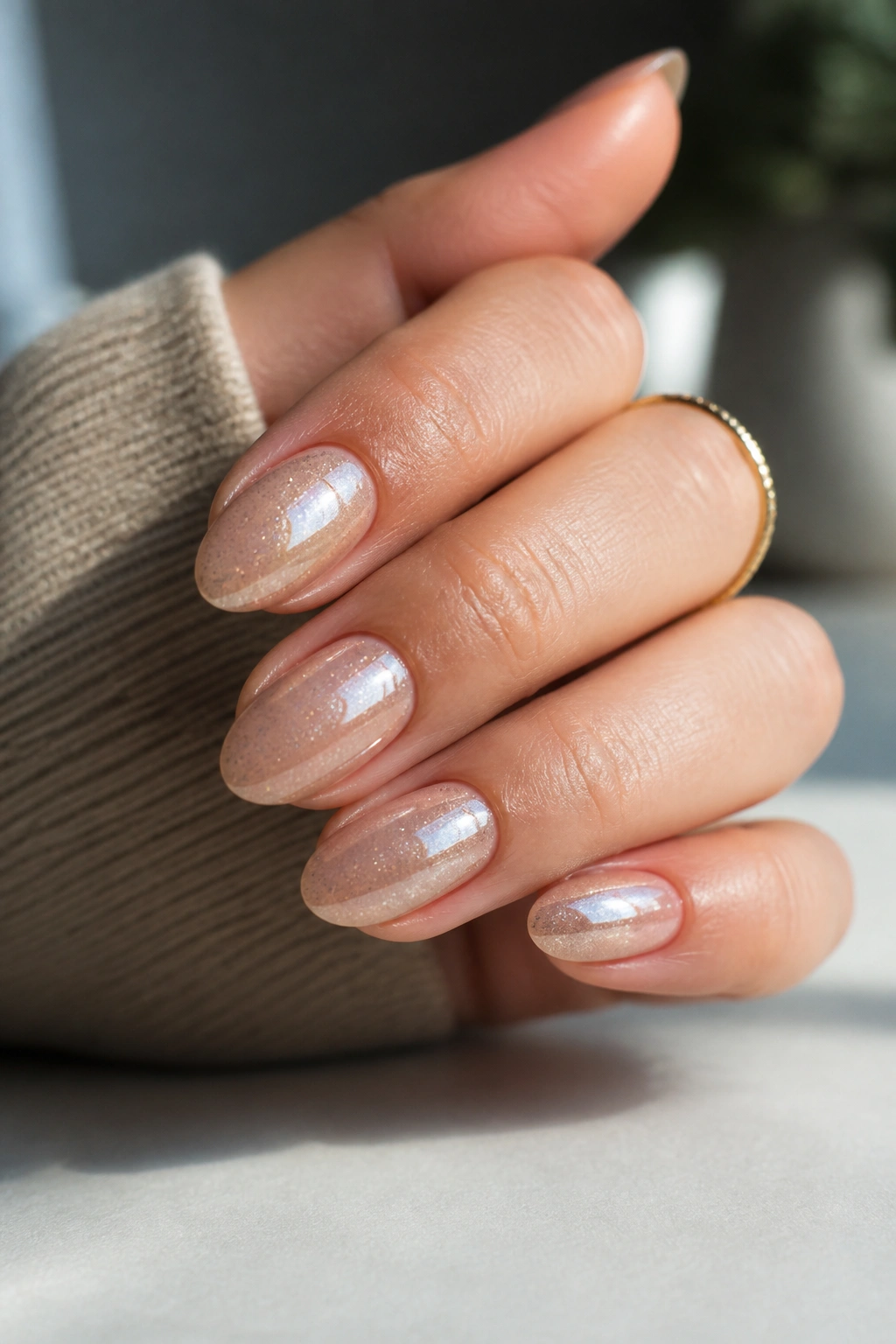 Close-up of short almond nails with micro glitter chrome on nude base.