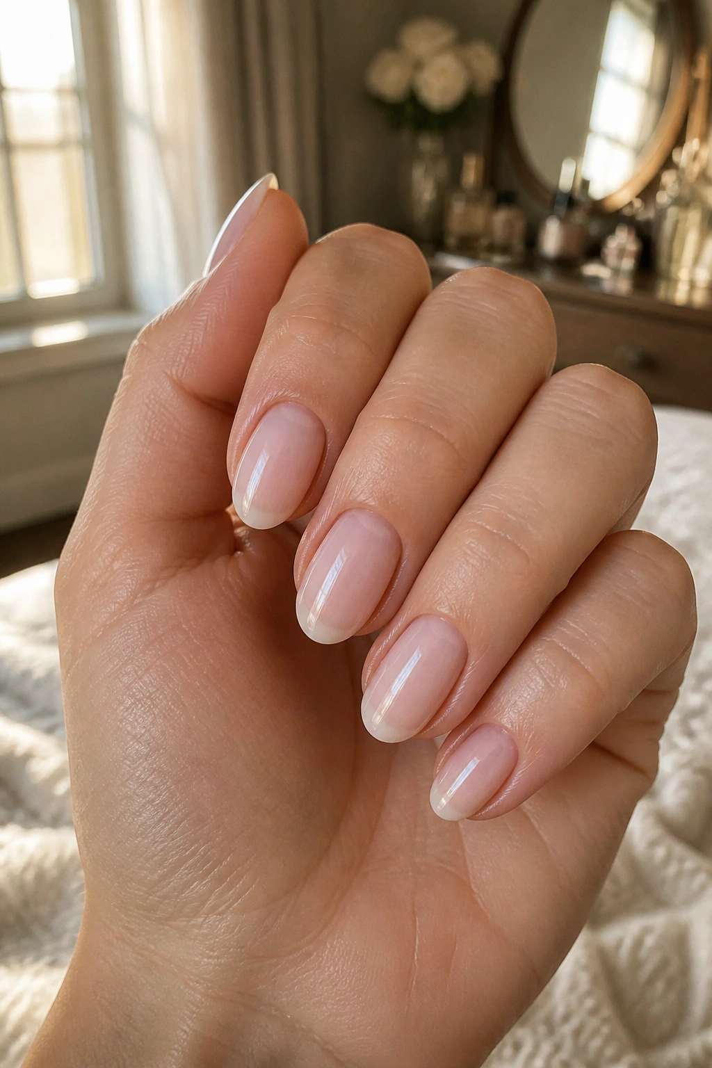 Close-up of a hand with short almond nails in milky nude polish filling the frame