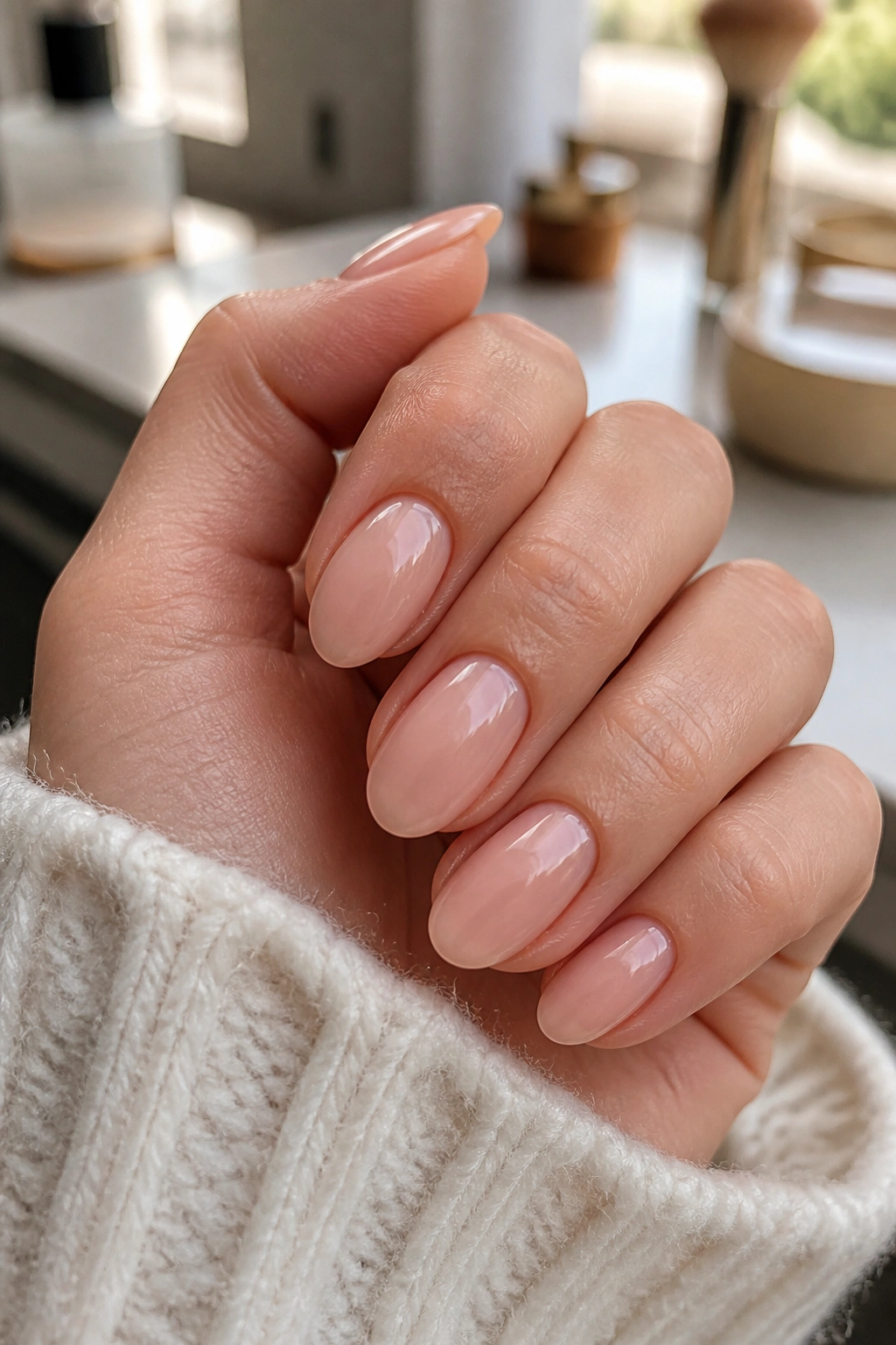 Close-up of a real hand with short almond nails in sheer nude polish on a vanity