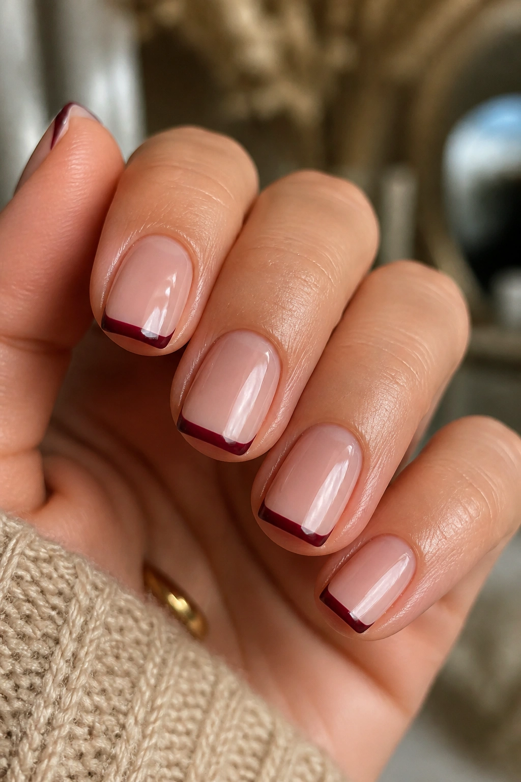 Close-up of real hand showing short coffin merlot micro tips with soft corners.