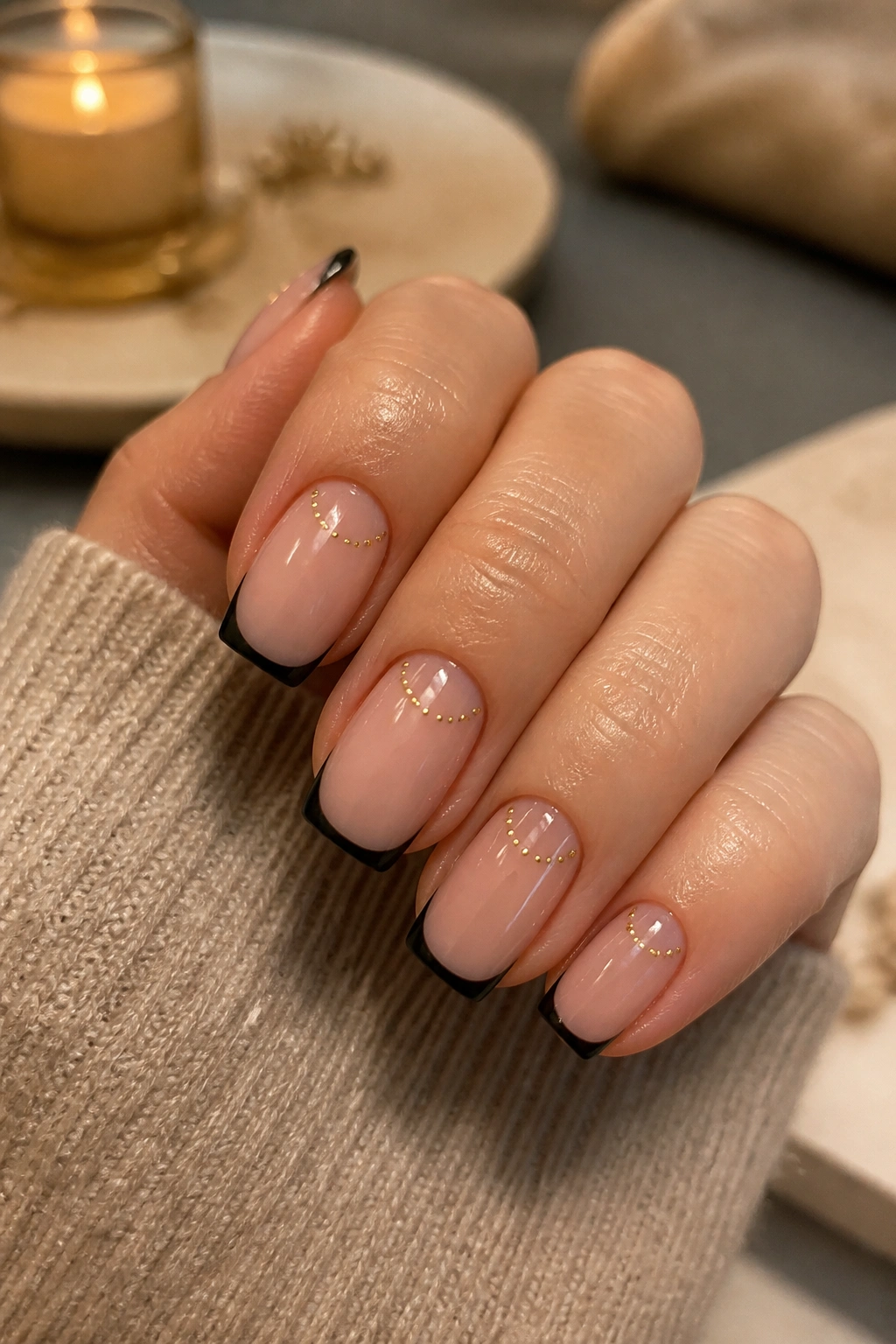 Close-up of short coffin nails with black micro-French and gold dotwork