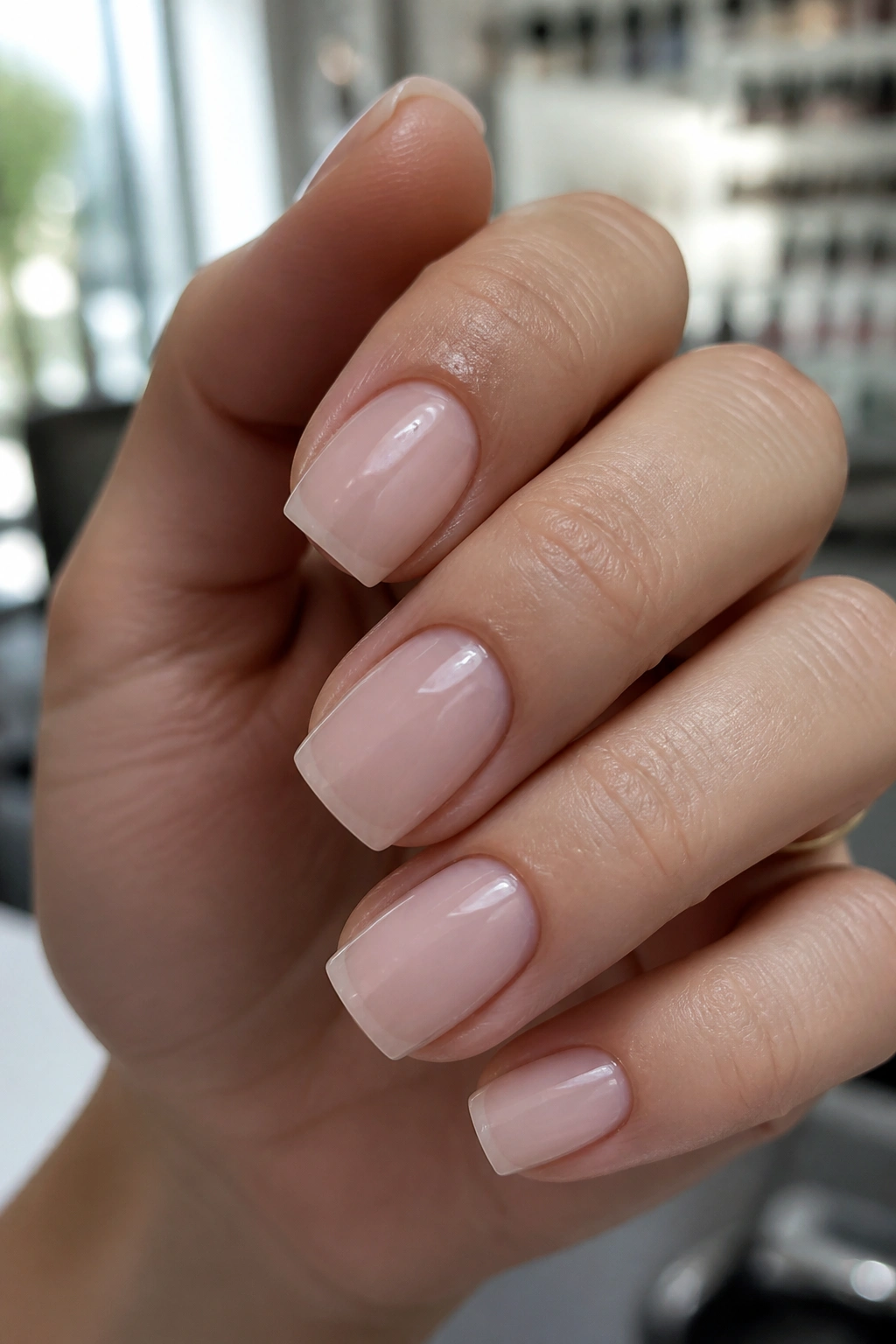 Close-up of short coffin nails with clean sidewalls and subtle last-third taper.