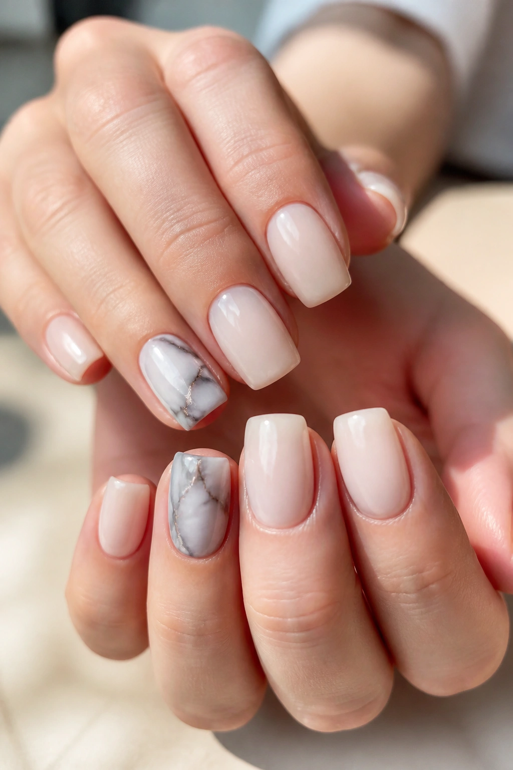 Close-up of short coffin nails with one marble accent per hand on a real hand