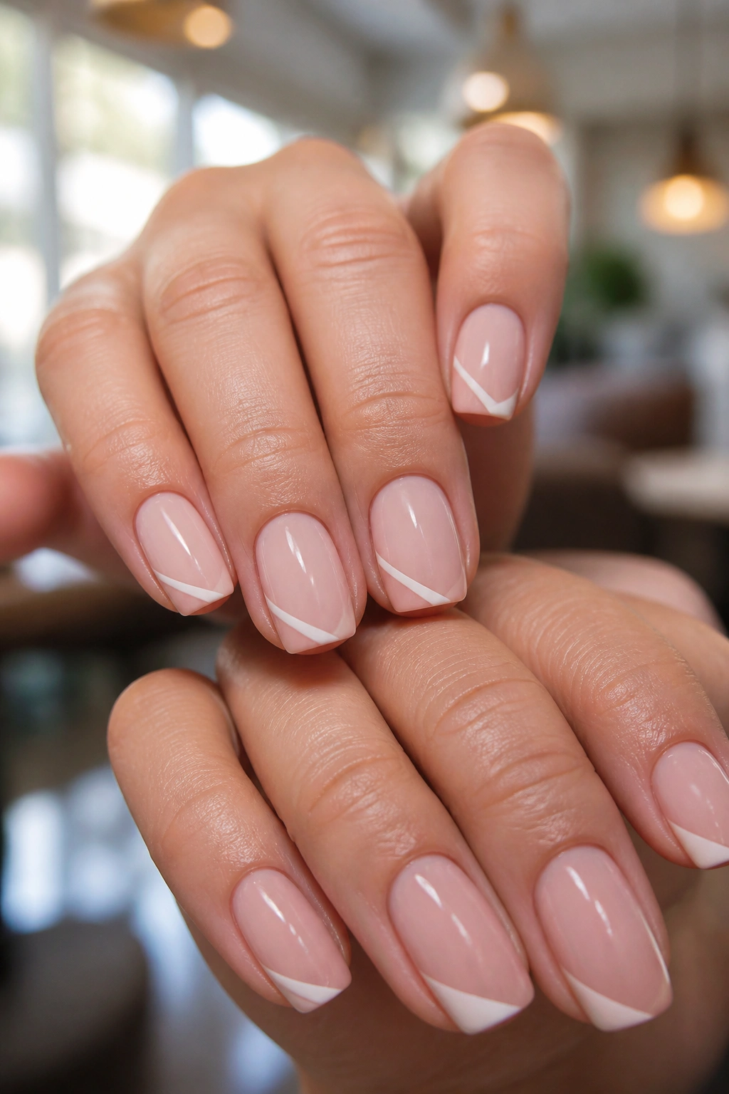 Close-up of side-swept micro French coffin nails on short nails