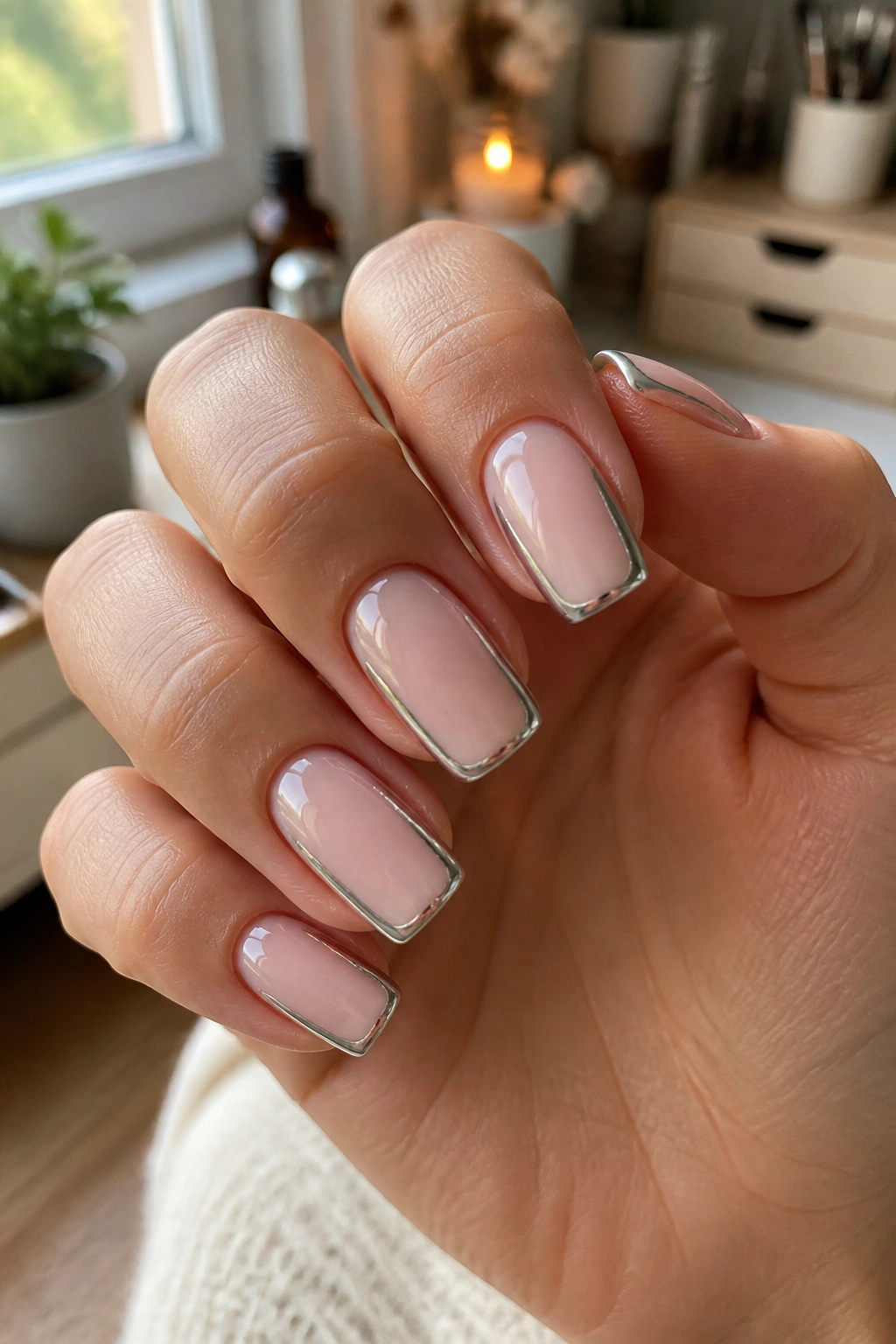 Close-up of short coffin nails with silver side tips on a hand