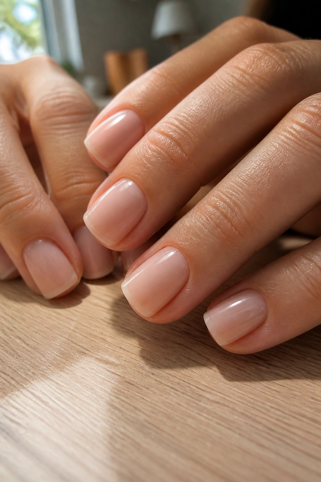 Close-up of short coffin nails with a soft tapered edge on real hands in a warm salon.