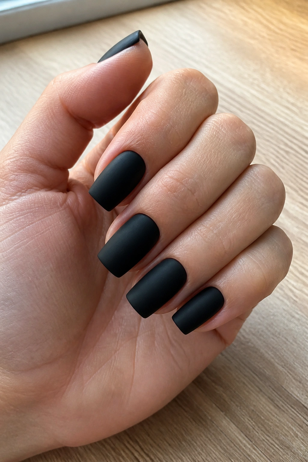 Close-up of short matte black coffin nails with squared tips