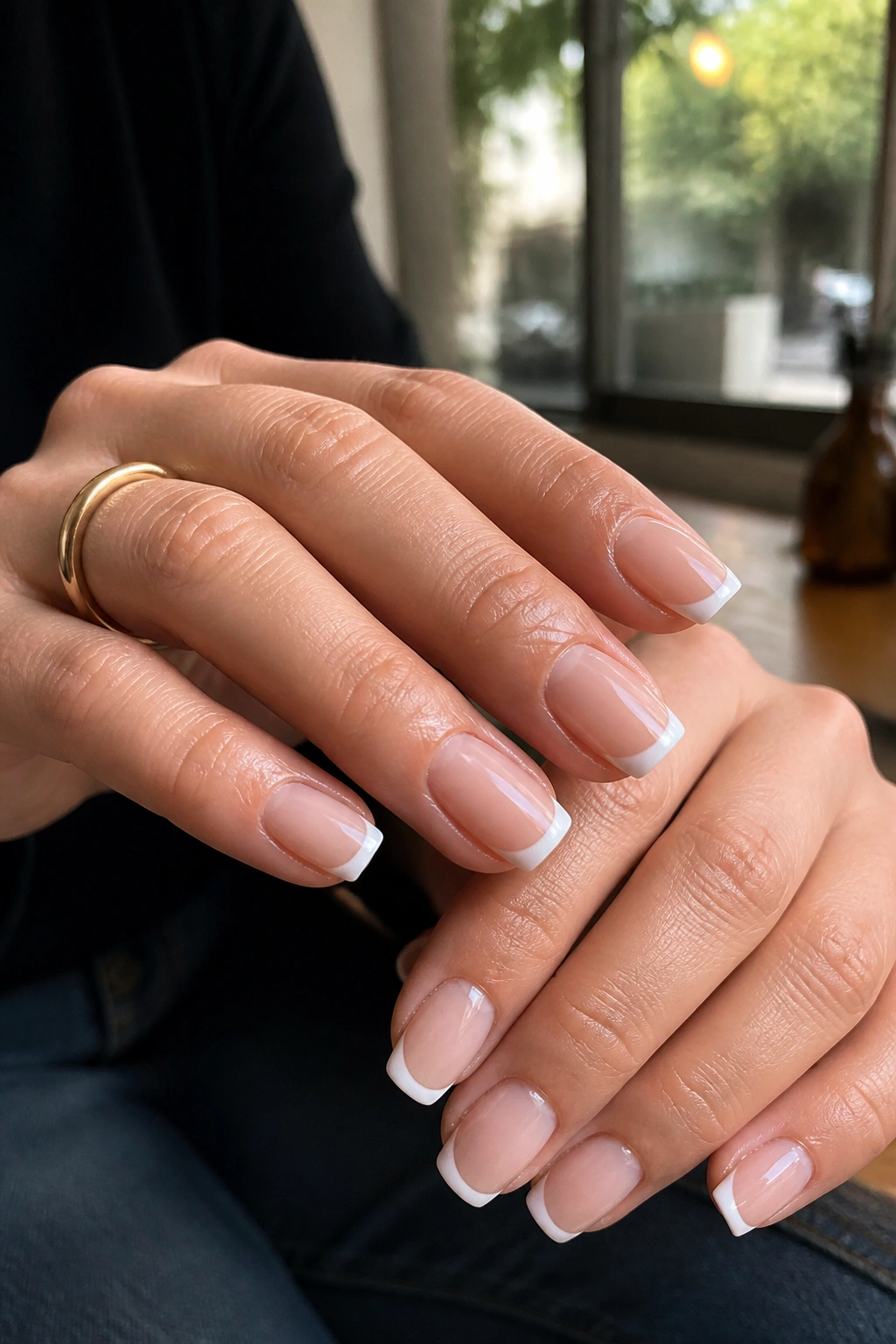 Close-up of hands with short coffin nails and French tips.