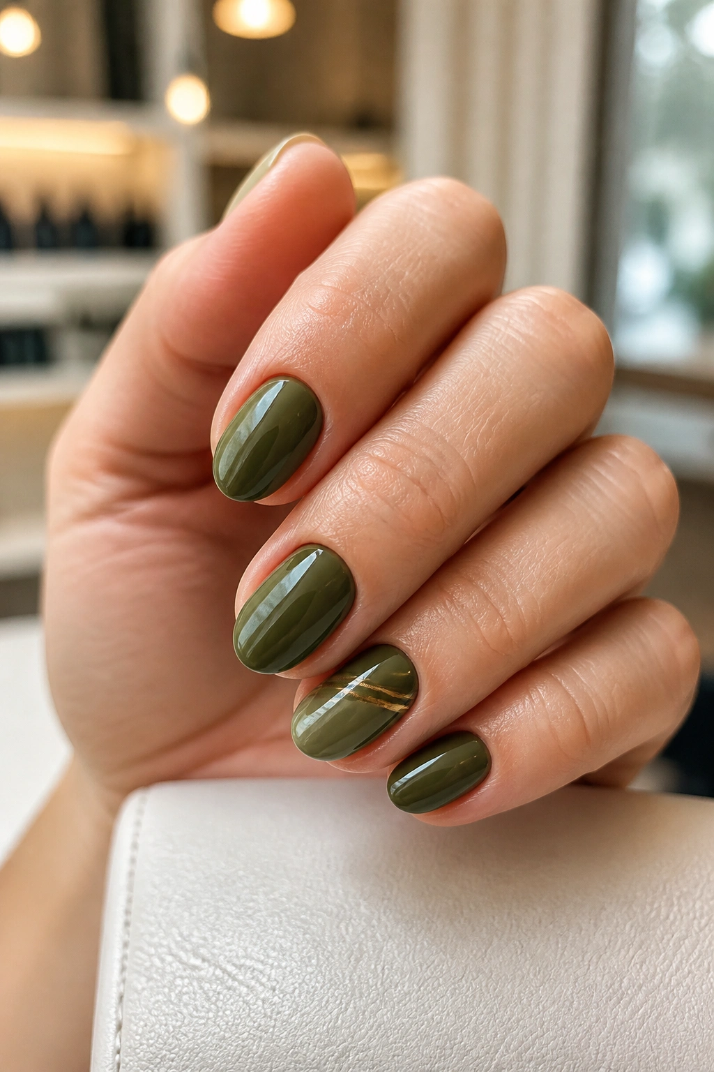 Close-up of short almond nails in green with a tiny stripe accent
