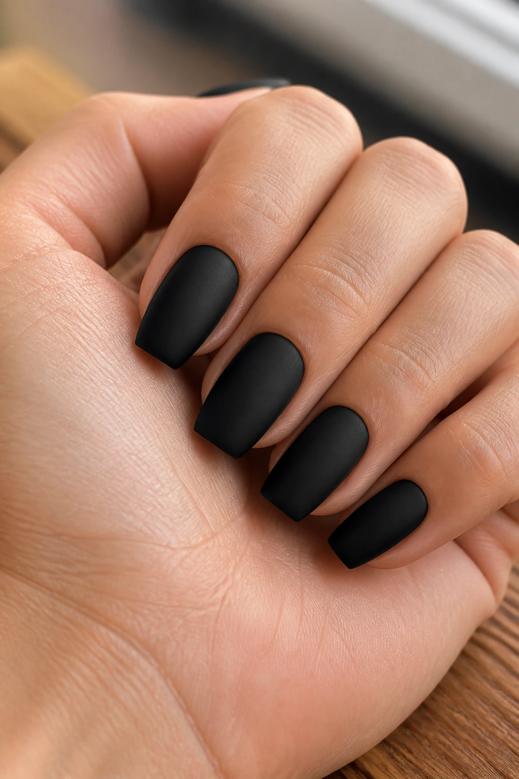 Close-up of real hand with short matte black ballerina nails on wooden surface