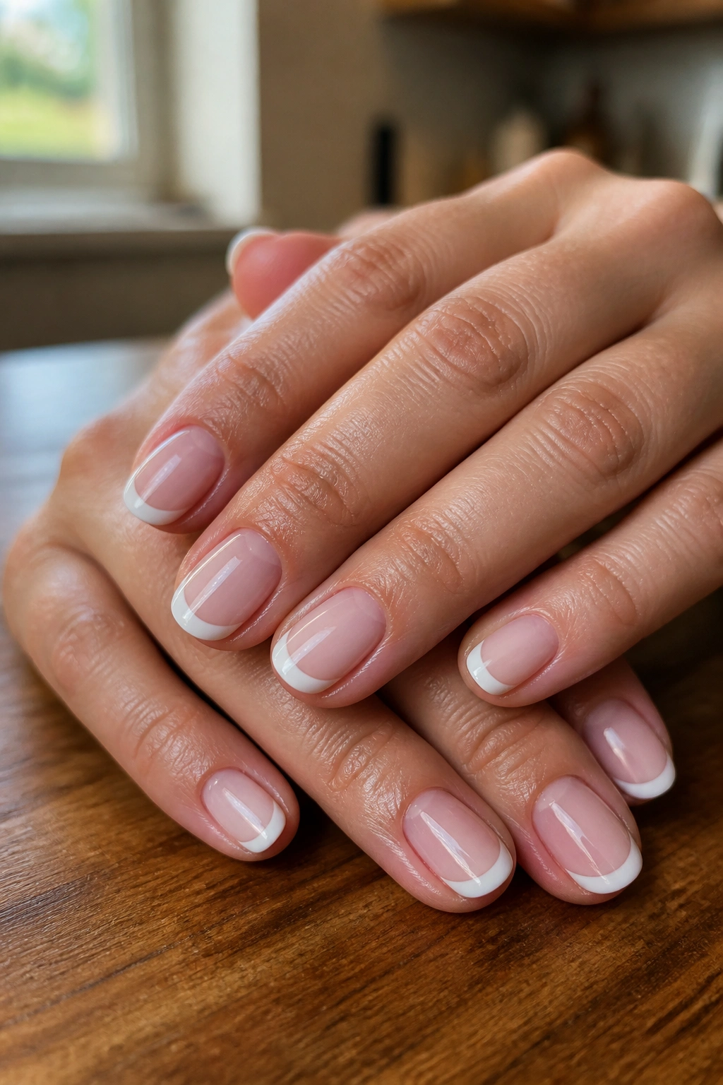 Close-up of real hands with short oval French tip nails on a sheer pink base with white tips