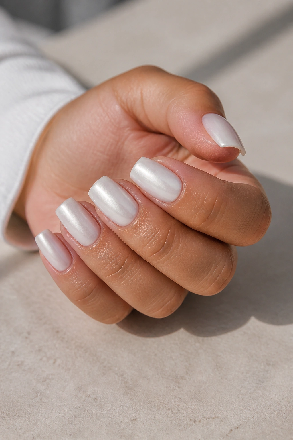 Close-up of short coffin nails with satin pearl finish on a real hand