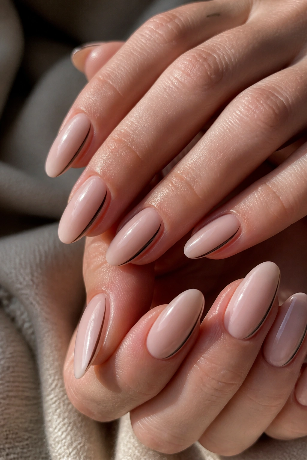 Almond nails with a thin side stripe along the outer edge