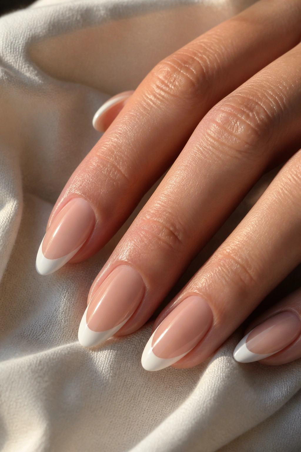 Close-up of almond nails with side-swept French tip on nude base.