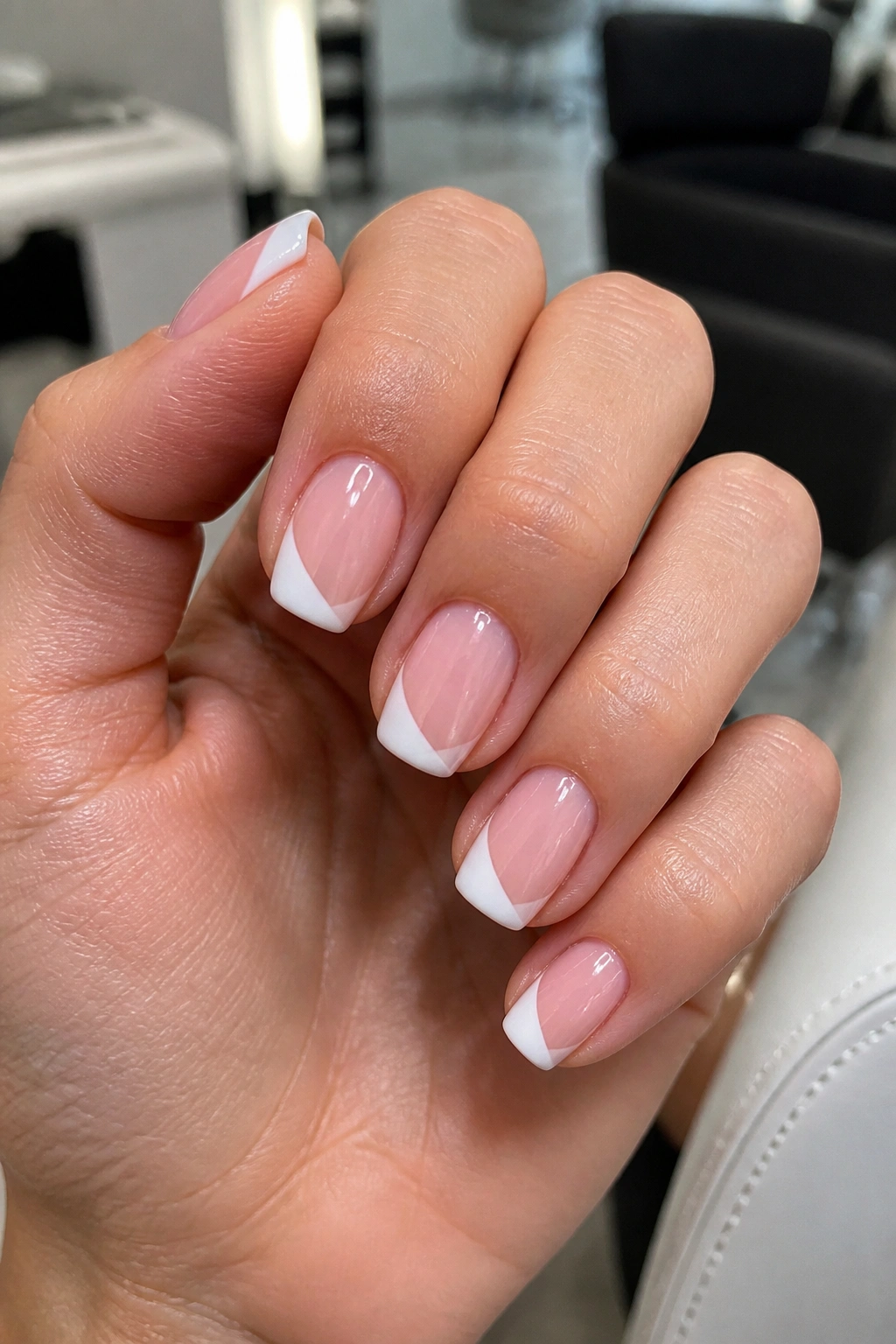 Close-up of side-swept diagonal French on short coffin nails