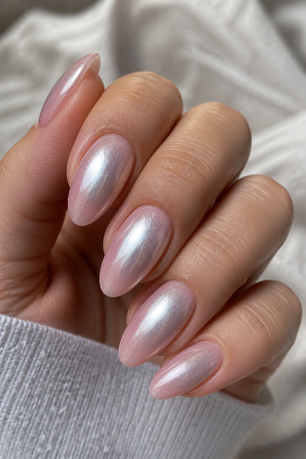 Close-up of silver aura nails on almond shape with soft pink base halo glow