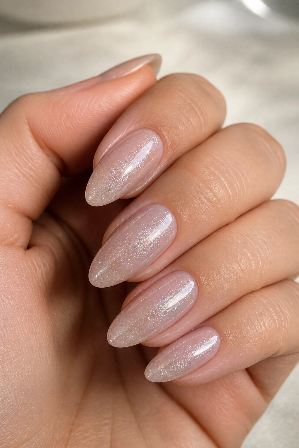 Close-up of almond nails with sheer silver dust shimmer on neutral base
