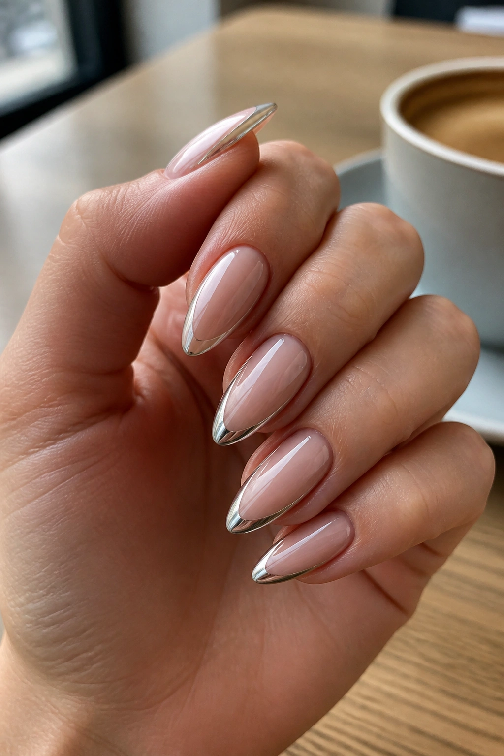 Close-up of a hand with almond nails featuring a silver-edged chrome along the sides.