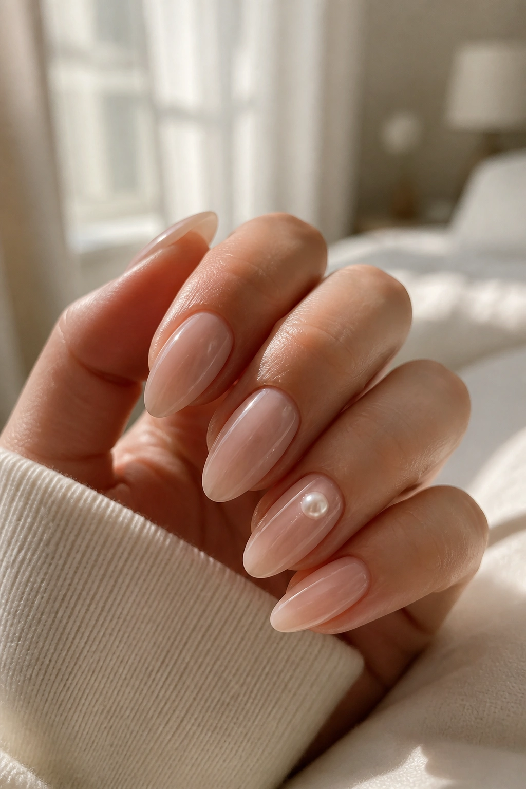 Single pearl accent on nude almond nail