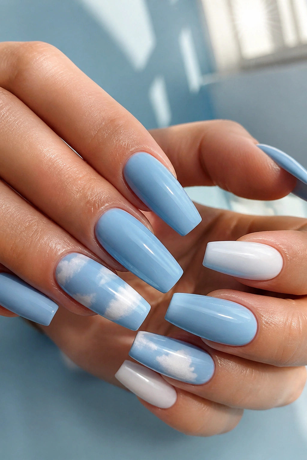 Coffin nails with blue sky base and white cloud art