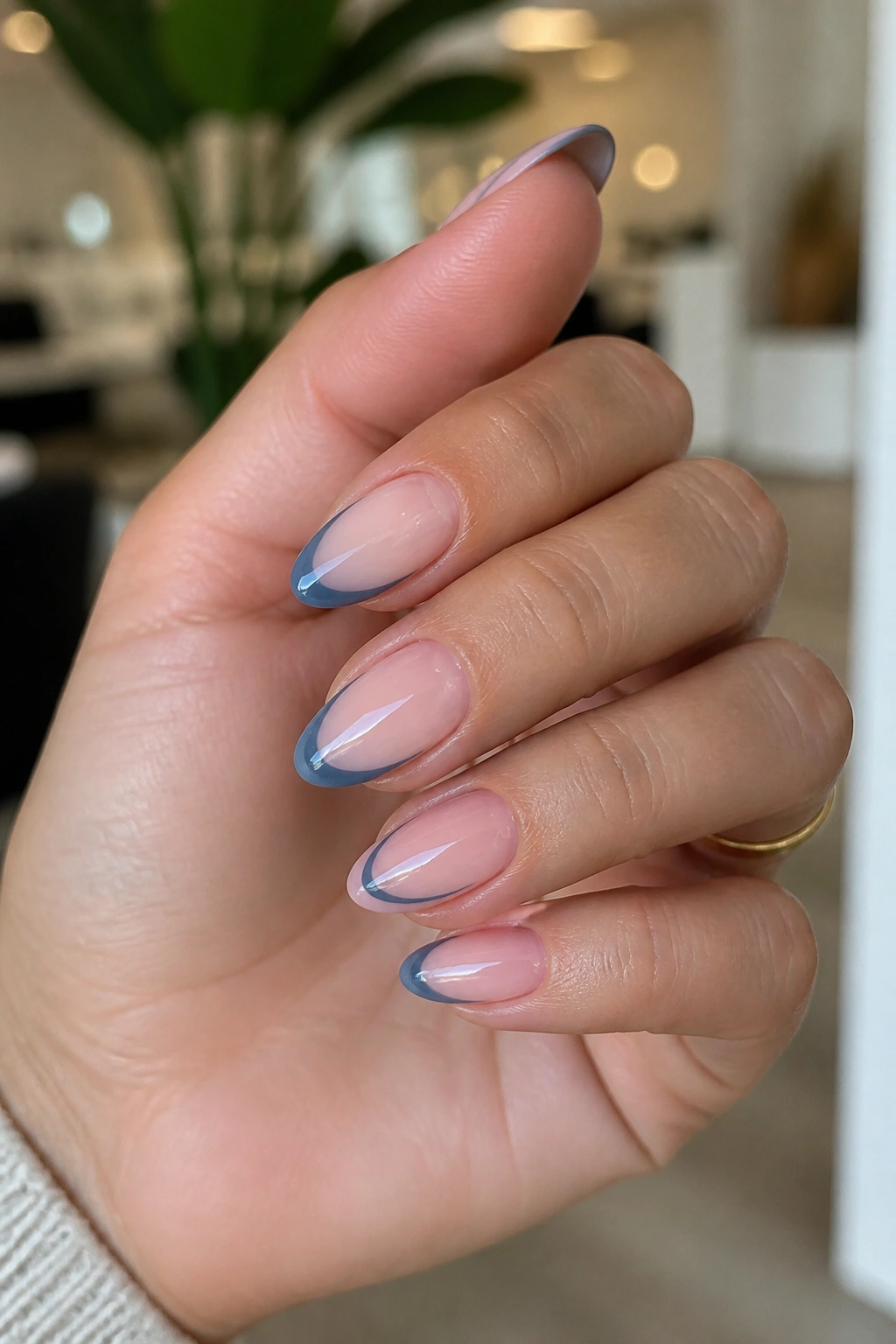 Almond nails with slate blue outline French manicure