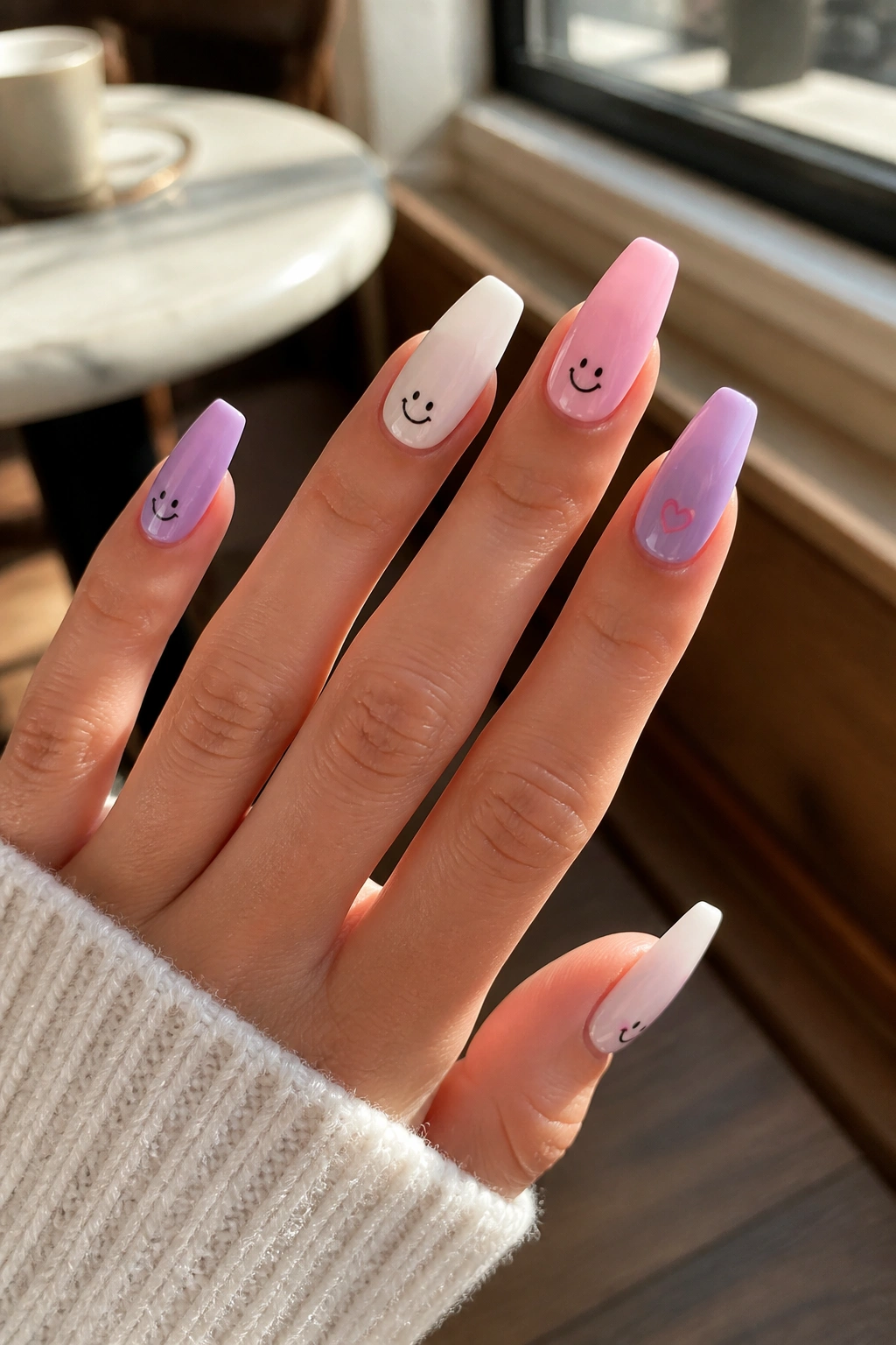 Close-up of coffin nails with smiley faces and candy hearts on pastel base
