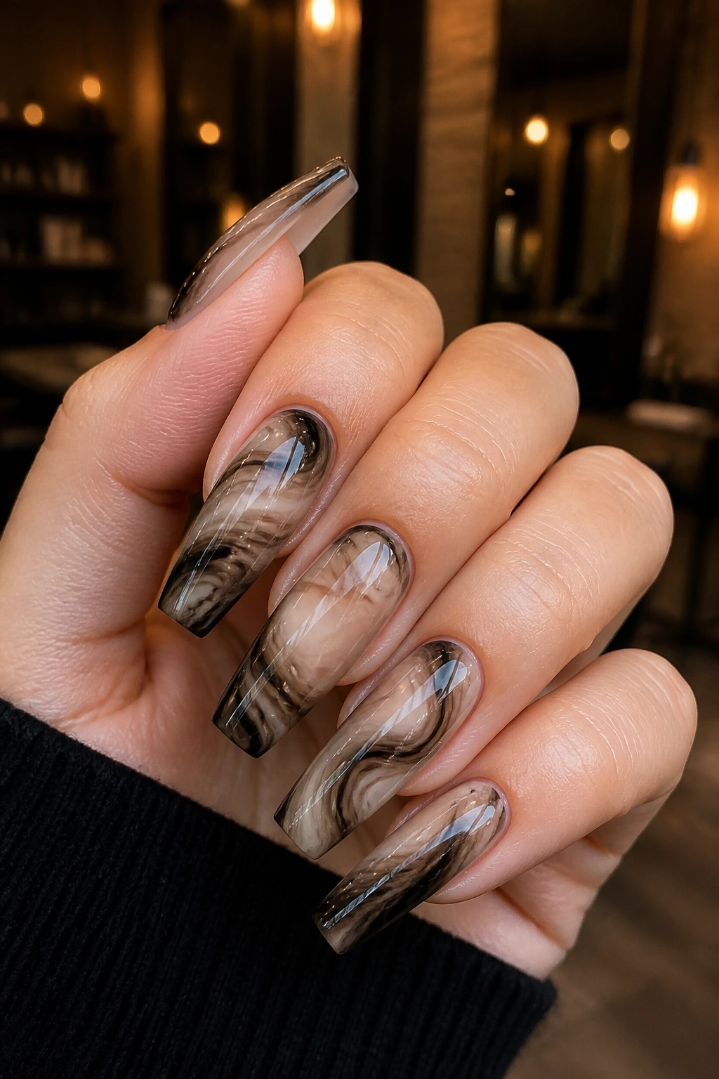 Long coffin nails with black and almond latte smoky swirls