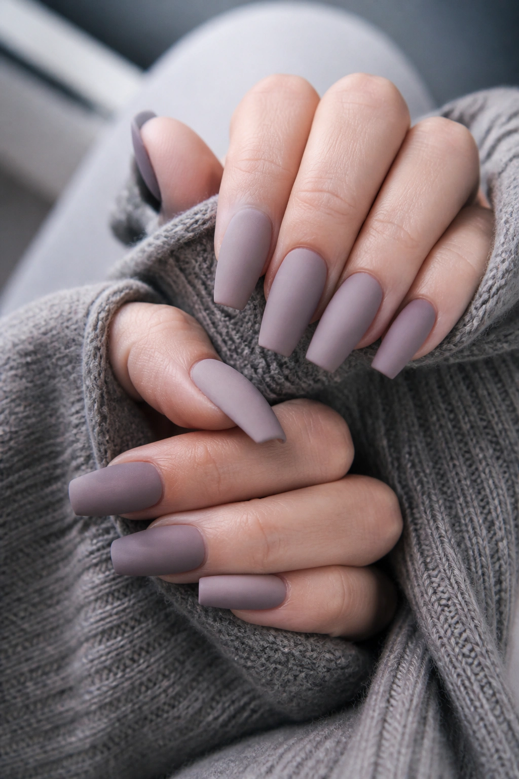 Close-up of smoky lavender matte coffin nails on a hand