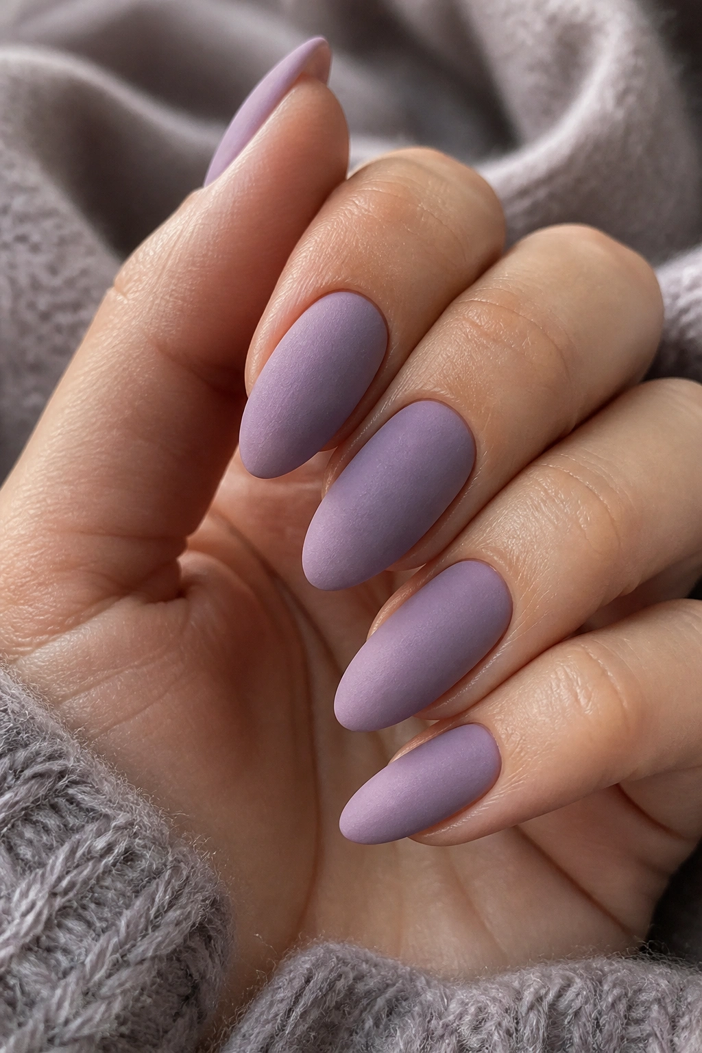 Close-up of smoky lilac matte almond nails on a real hand in warm natural light