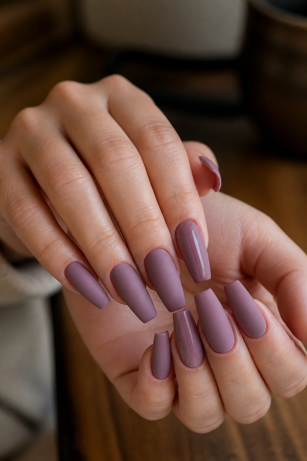 Close-up of hands with smoky mauve matte coffin nails and a glossy center stripe