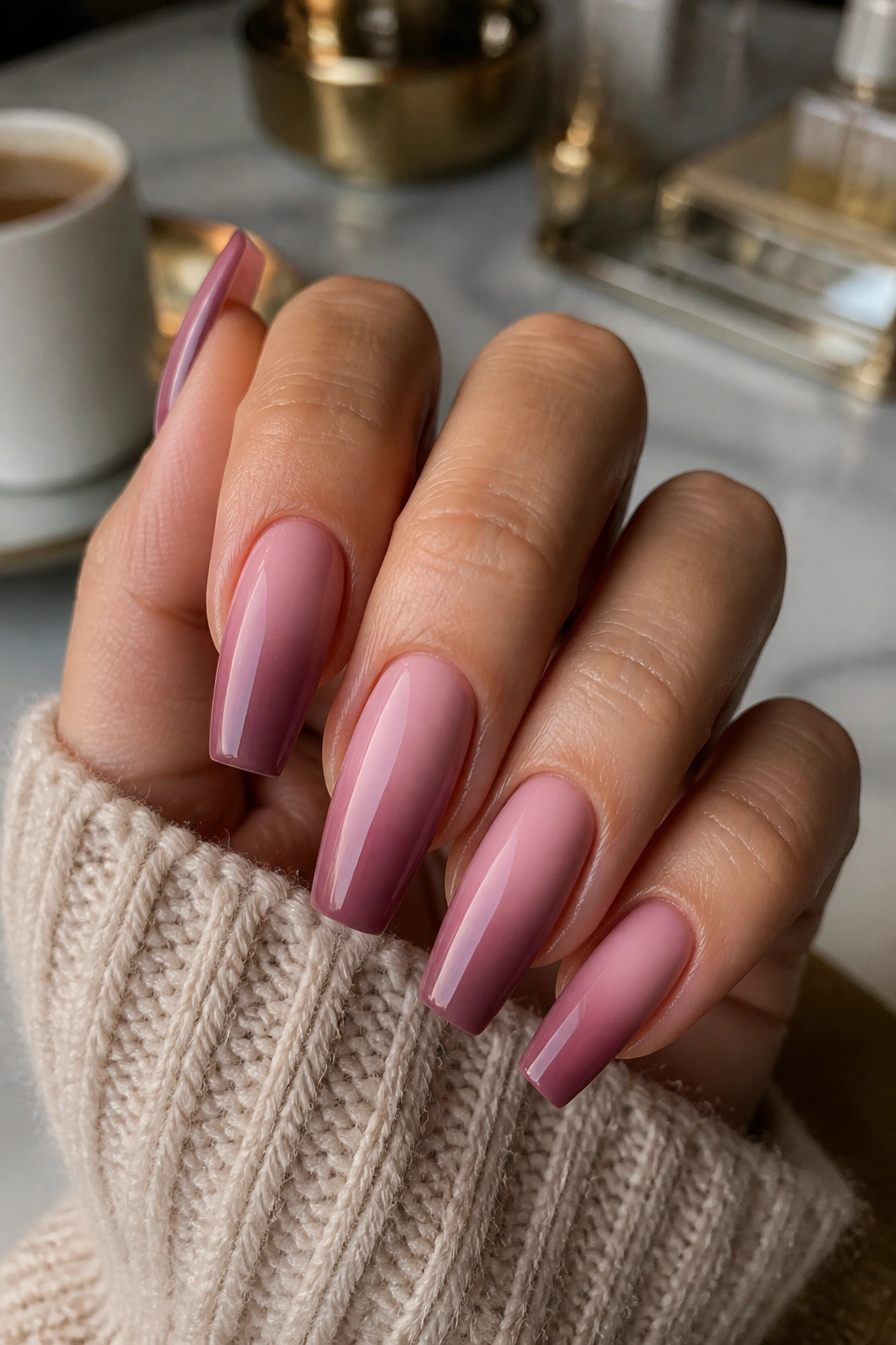 Close-up of smoky mauve pink ombre coffin nails with a soft shadow edge on a real hand